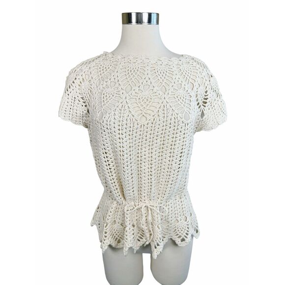 Free People Vintage 60s Crochet Cinched Waist Top Ivory RARE! - Picture 6 of 9